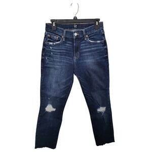 GAP Distressed Straight Leg Jeans Women 0/25 Regular Dark Wash Raw Hem Ripped